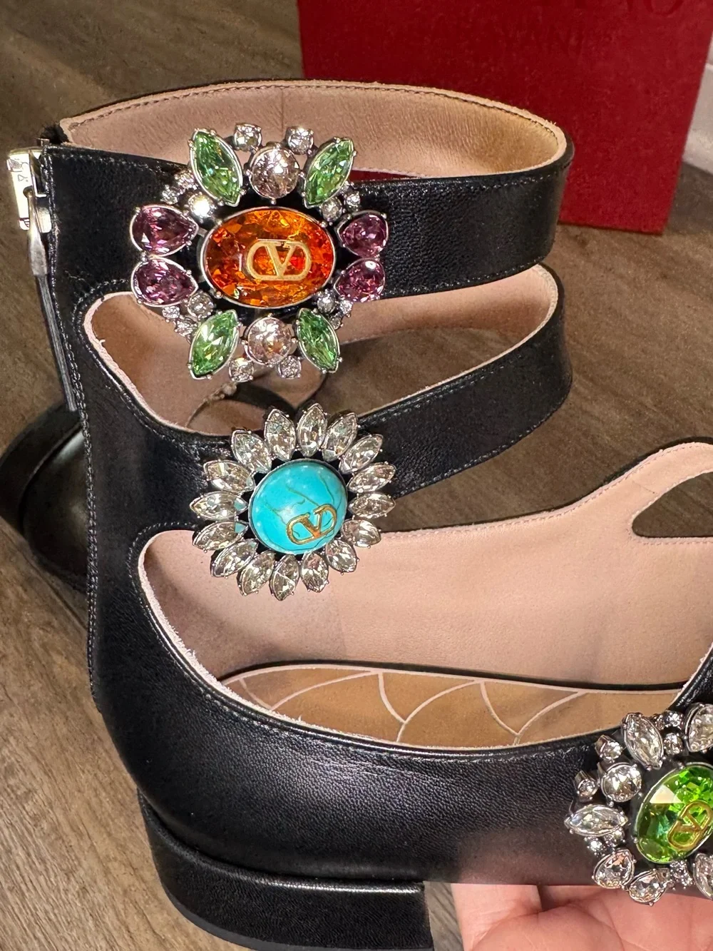 Valentino Garavani Preshoes Jewel Button Logo Ballerina Gladiator Zip Flats - Picture 10 of 16